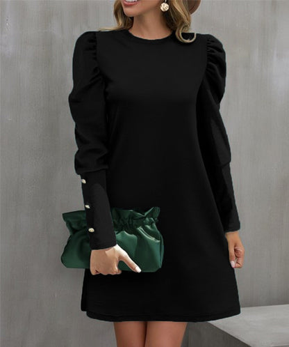 Women’s Long Sleeve Dress – A-Line Fit – Puff Sleeve – Button Cuff – Round Neckline