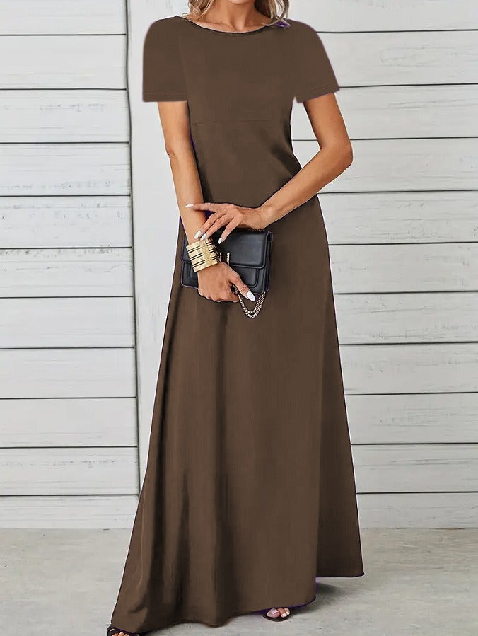 Women’s Maxi Dress – Slim Fit – Short Sleeve – Cotton Feel – Round Neck Casual Wear