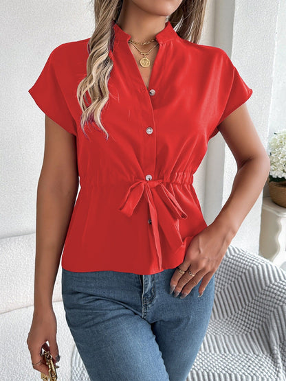 Women’s Blouse – Relaxed Fit – Short Sleeve – V-Neck – Button Front – Waist Tie