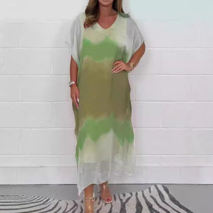 Women’s Maxi Dress – Chiffon – V-Neck – Ombre Gradient – Short Sleeve – Relaxed Fit