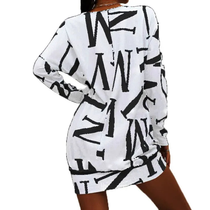 Women’s Mini Dress – Relaxed Fit – Long Sleeve – Bold Letter Print – Cotton Blend