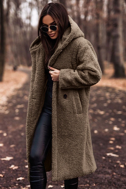 Women’s Wool Coat – Oversized Fit – Full Length – Hooded with Button Fastening