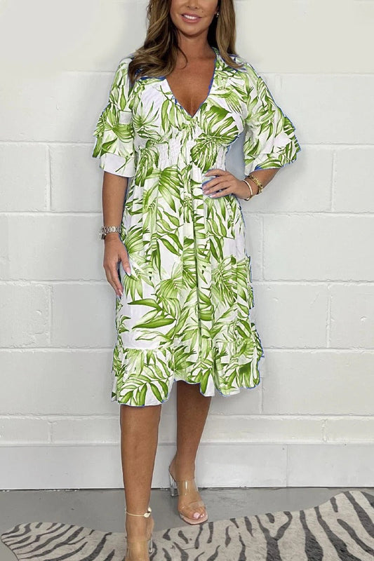 Women’s Midi Dress – Loose Fit – High Waist – Cotton – V-Neck – Ruffle Sleeve – Botanical Print