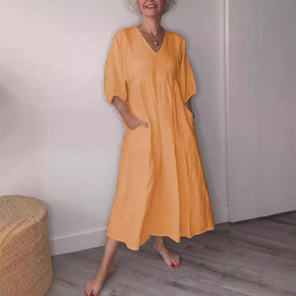 Women’s Midi Dress – Relaxed Fit – A-Line – Cotton Linen – V-Neck – Pockets – Cuffed Sleeves
