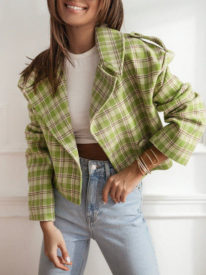Women’s Blazer – Tailored Fit – Cropped – Wool Texture – Plaid – Notched Lapel
