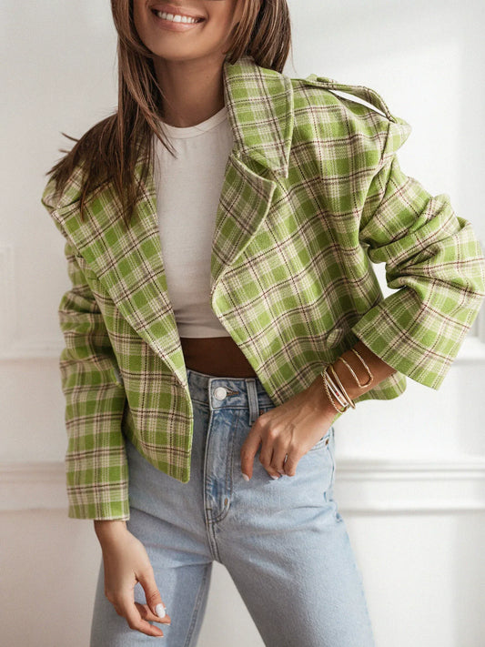 Women’s Blazer – Tailored Fit – Cropped – Wool Texture – Plaid – Notched Lapel