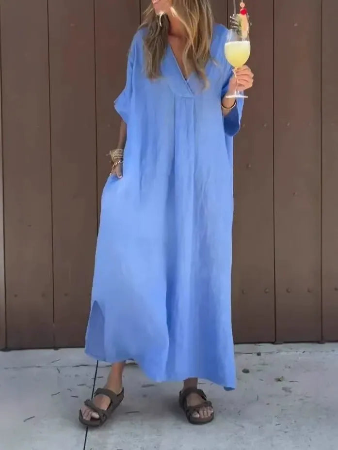 Women’s Maxi Dress – Cotton Feel – Loose Fit – V-Neck – Short Sleeve – Minimal Style