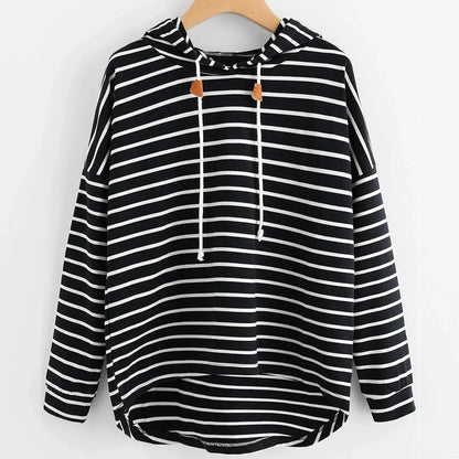 Women’s Hooded Top – Relaxed Fit – Jersey Knit – Striped – High-Low Hem – Drawstring