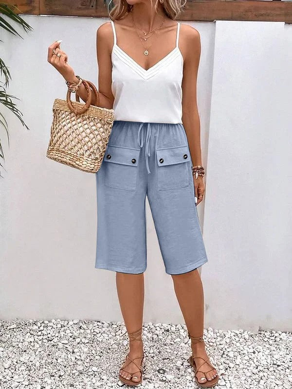 Women’s Knee-Length Trousers – Relaxed Fit – Elastic Waist – Breathable Blend – Pockets