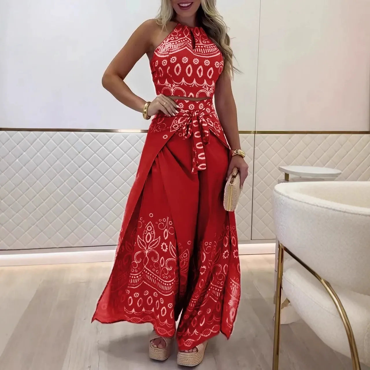 Women’s Halter Top and Wide-Leg Pants Set – Cotton – Cropped Fit – Retro Print – Tie Waist