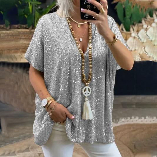 Women’s V-Neck T-Shirt – Relaxed Fit – Sequin Embellished – Short Sleeve