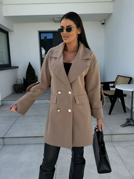 Women’s Wool Coat – H-Line Fit – Double-Breasted – Blazer Collar Knee-Length