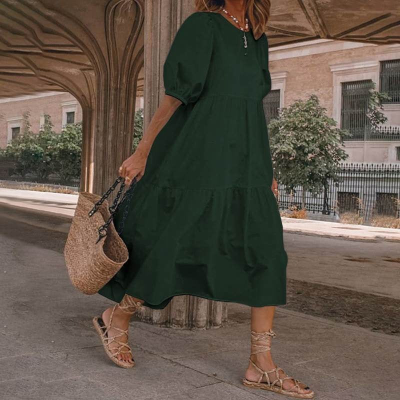 Women’s Midi Dress – Cotton Blend – A-Line Fit – Scoop Neck – Puff Sleeves – Tiered Skirt