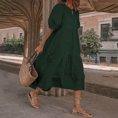 Women’s Midi Dress – Cotton Blend – A-Line Fit – Scoop Neck – Puff Sleeves – Tiered Skirt
