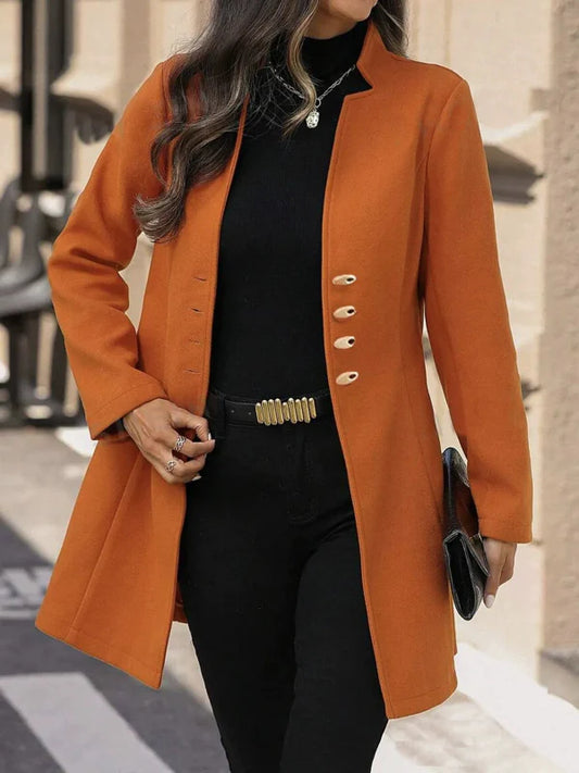 Women’s Mid-Length Coat – Slim Fit – Wool Blend – Classic Lapel – Button Front