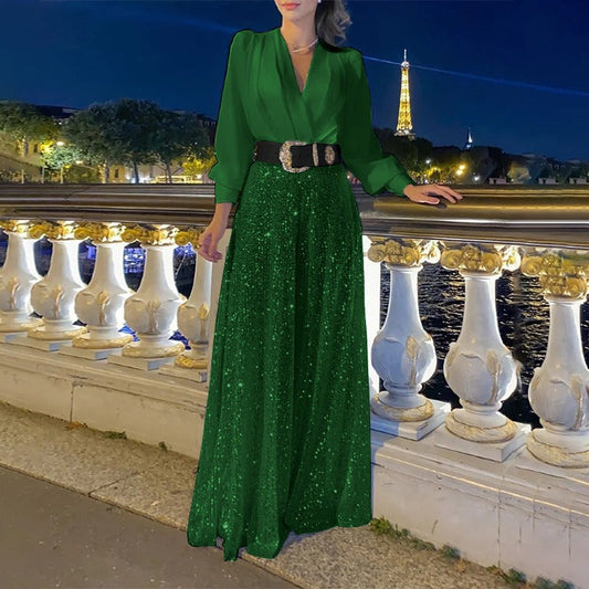 Women’s Jumpsuit – Tailored Fit – V-Neck – Sequin Wide Leg – Long Sleeve