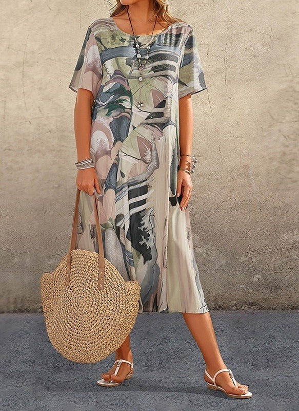 Women’s Midi Dress – Relaxed Fit – Breathable Cotton Feel – Abstract Print – Short Sleeve