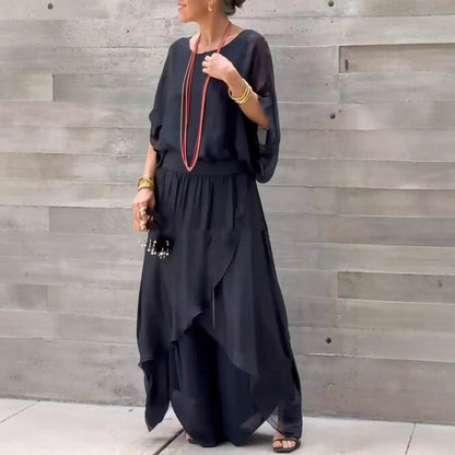 Women’s Two-Piece Set – Loose Fit Top – Split Wide-Leg Trousers – Chiffon Draped Style