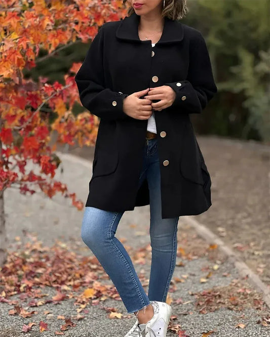 Women’s Wool Coat – Relaxed Fit – Mid-Length – Lapel Collar – Button Front – Patch Pockets