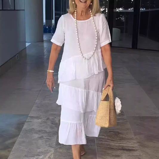 Women’s Midi Dress – Cotton Linen – Loose Fit – Tiered Pleated – Short Sleeve