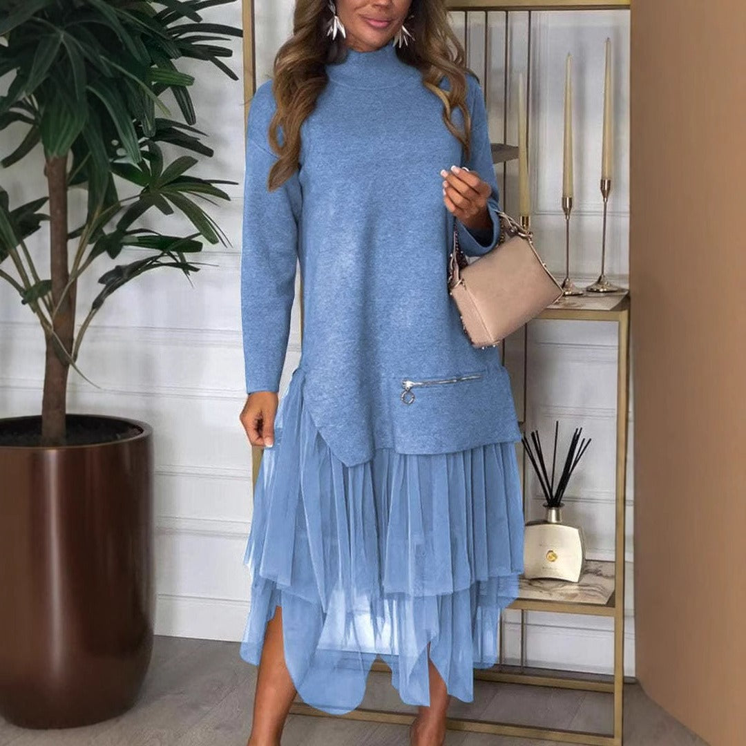 Women’s Casual Dress – Knit Top – Mesh Skirt – A-Line Fit – Long Sleeve – Midi Length