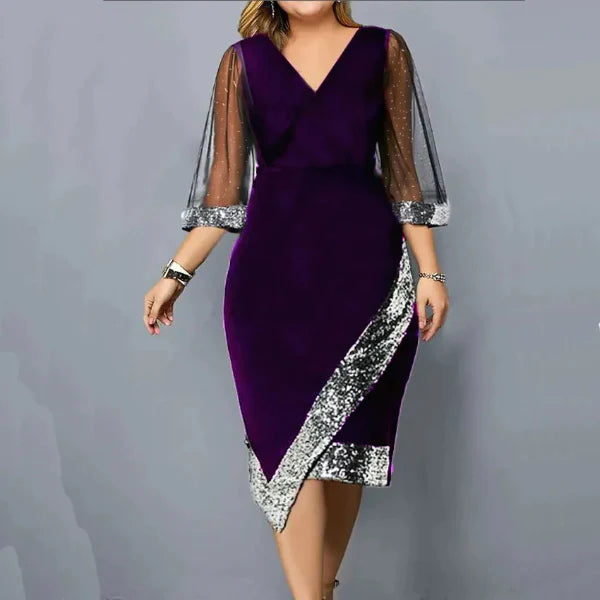 Women’s Midi Cocktail Dress – Fitted Velvet – Mesh Sleeves – Sequin Asymmetric Hem