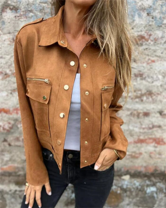 Women’s Suede Jacket – Tailored Fit – Classic Collar – Zip Front – Chest Snap Pockets