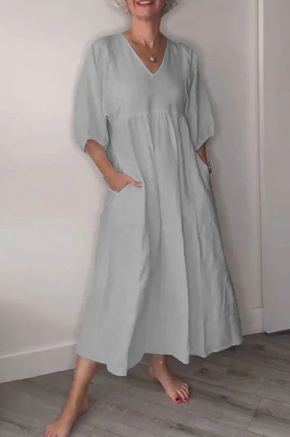Women’s Midi Dress – Relaxed Fit – A-Line – Cotton Linen – V-Neck – Pockets – Cuffed Sleeves