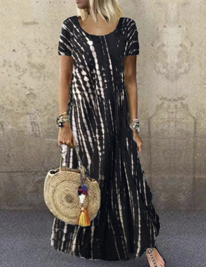Women’s Maxi Dress – Tie-Dye Print – Loose Fit – Short Sleeve – Soft Cotton Feel
