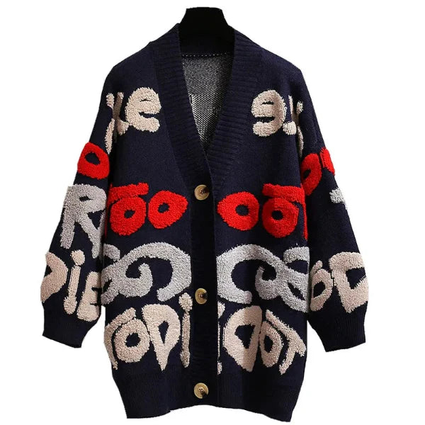 Women’s Knit Cardigan – Oversized Fit – Wool Blend – Bold Letter Pattern – Button Front