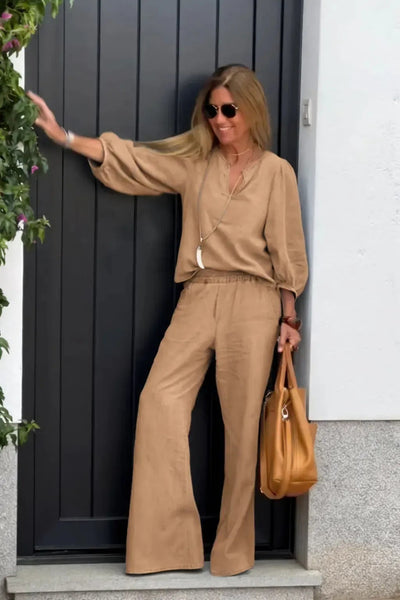 Women’s Top and Pants Set – Cotton Linen – V-Neck – 3/4 Sleeve – Wide-Leg Relaxed Fit