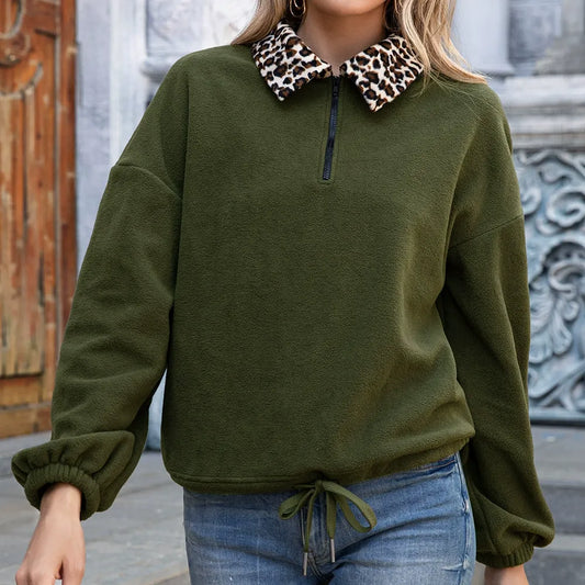 Women’s Pullover Sweatshirt – Fleece – Relaxed Fit – Faux Fur Collar – Zip Neck – Drawstring Hem