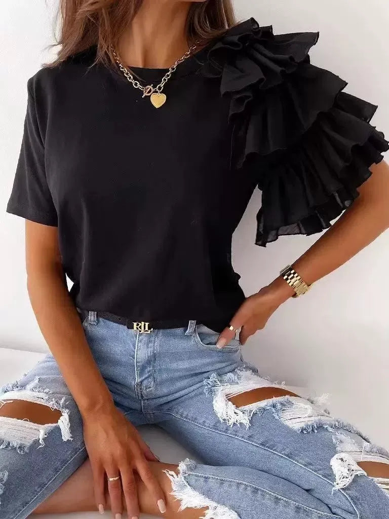 Women’s T-Shirt – Cotton Feel – Asymmetrical Ruffle Shoulder – Casual Fit – Short Sleeve