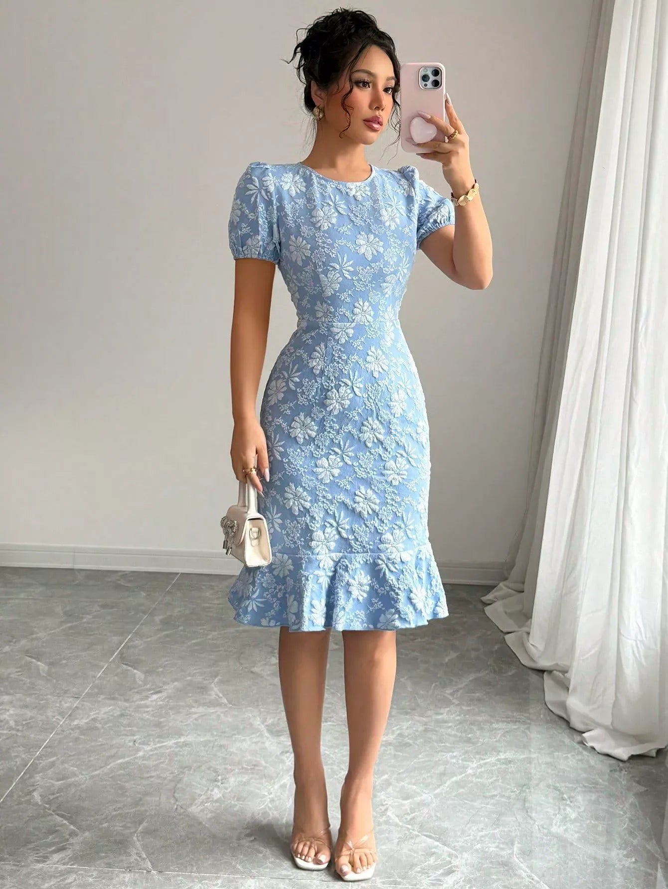 Women’s Midi Dress – Jacquard Texture – Puff Sleeve – Fitted Waist – Ruffle Hem