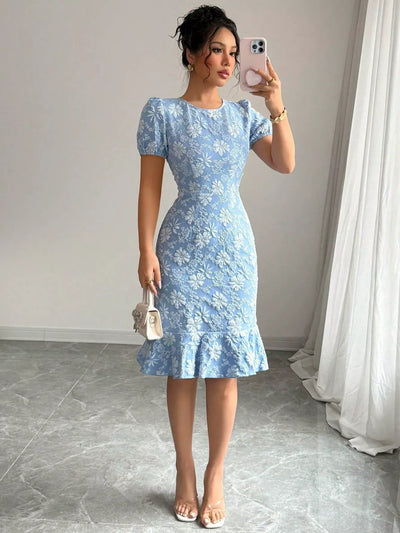 Women’s Midi Dress – Jacquard Texture – Puff Sleeve – Fitted Waist – Ruffle Hem