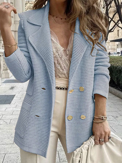 Women’s Tailored Jacket – Structured Fit – Ribbed Texture – Double-Breasted – Lapel Collar