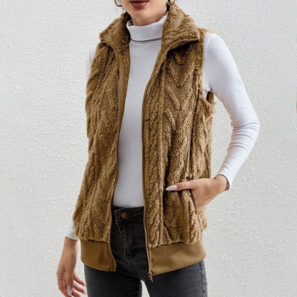 Women’s Sleeveless Vest – Jacquard Fleece – Zip Front – High Collar – Relaxed Fit