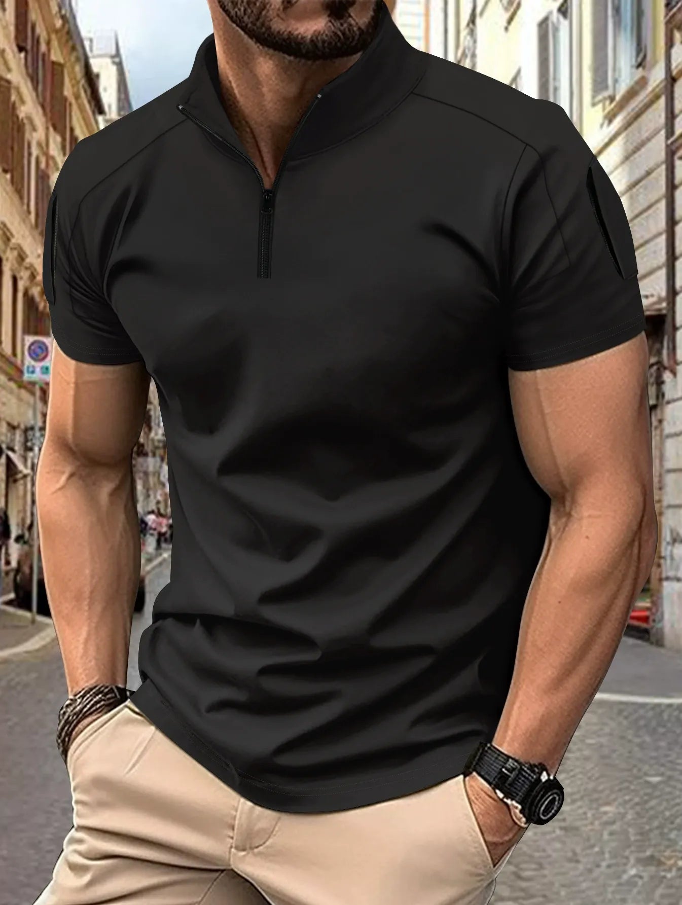 Men’s Polo Shirt – Slim Fit – Cotton Blend – Zip Collar – Tactical Sleeve Pocket