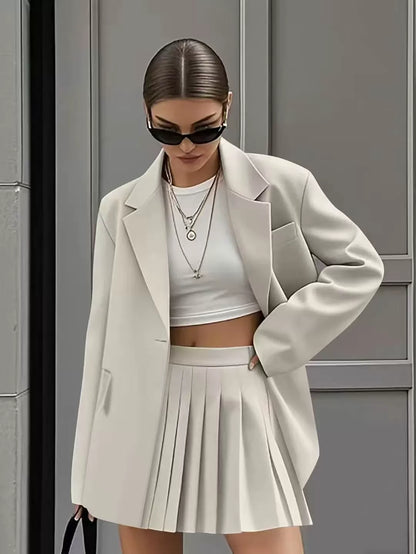 Women’s Skirt Suit Set – Relaxed Fit Blazer – High Waist Pleated Mini Skirt