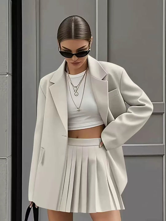Women’s Skirt Suit Set – Relaxed Fit Blazer – High Waist Pleated Mini Skirt