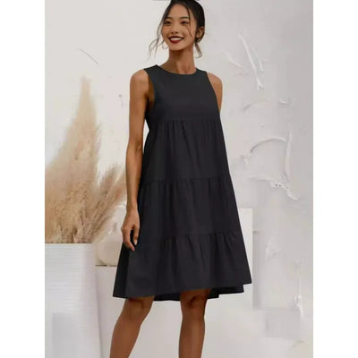 Women’s Midi Dress – Sleeveless Loose Fit – Tiered Ruffle – Cotton Linen Blend