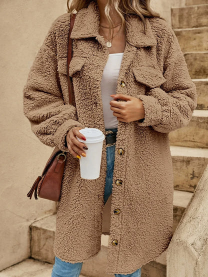 Women’s Plush Coat – Oversized Fit – Sherpa Texture – Button-Down with Lapel – Knee Length