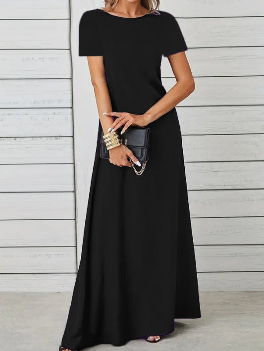 Women’s Maxi Dress – Slim Fit – Short Sleeve – Cotton Feel – Round Neck Casual Wear