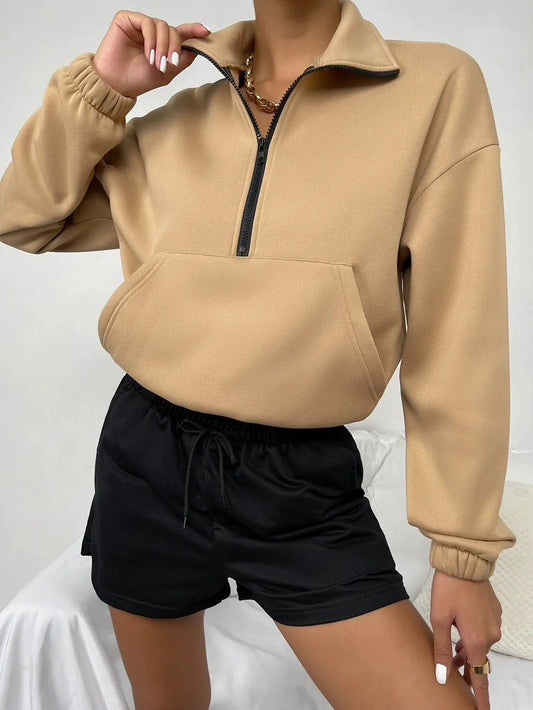 Women’s Sweater – Fleece Lined – Loose Fit – Zip Front – Stand Collar – Kangaroo Pocket