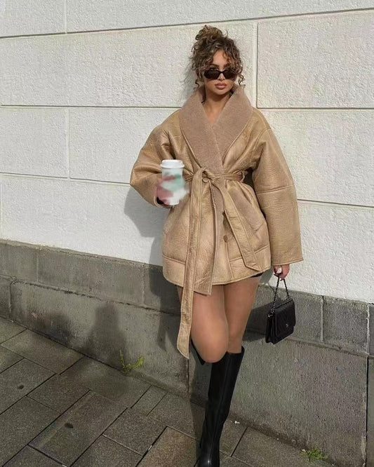 Women’s Trench Coat – Oversized Relaxed Fit – Plush Wool Blend – Self-Tie Belt – Mid-Thigh Length