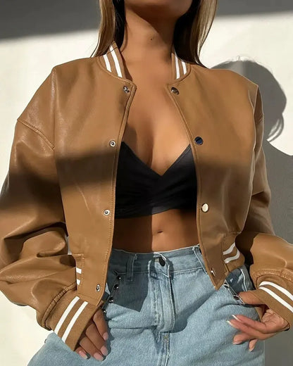 Women’s Leather Jacket – Cropped Structured Fit – Snap Front – Ribbed Hem and Cuffs