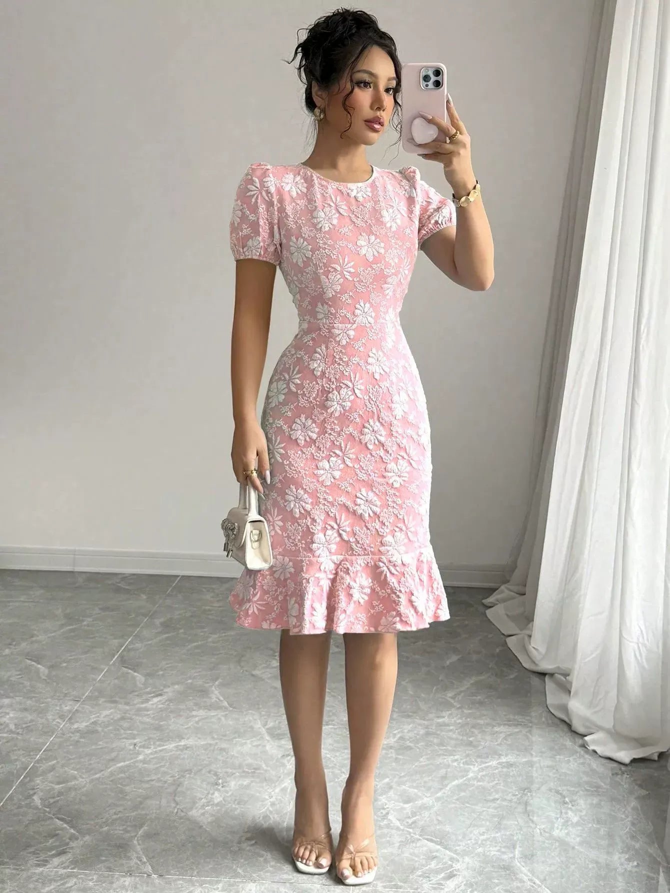 Women’s Midi Dress – Jacquard Texture – Puff Sleeve – Fitted Waist – Ruffle Hem