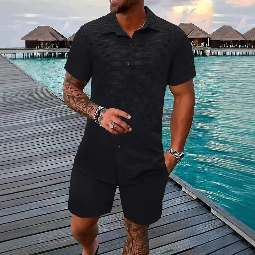 Men’s Casual Set – Relaxed Fit – Jacquard Texture – Short Sleeve Casual Style