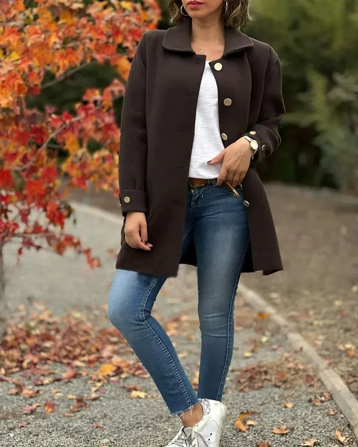 Women’s Wool Coat – Relaxed Fit – Mid-Length – Lapel Collar – Button Front – Patch Pockets