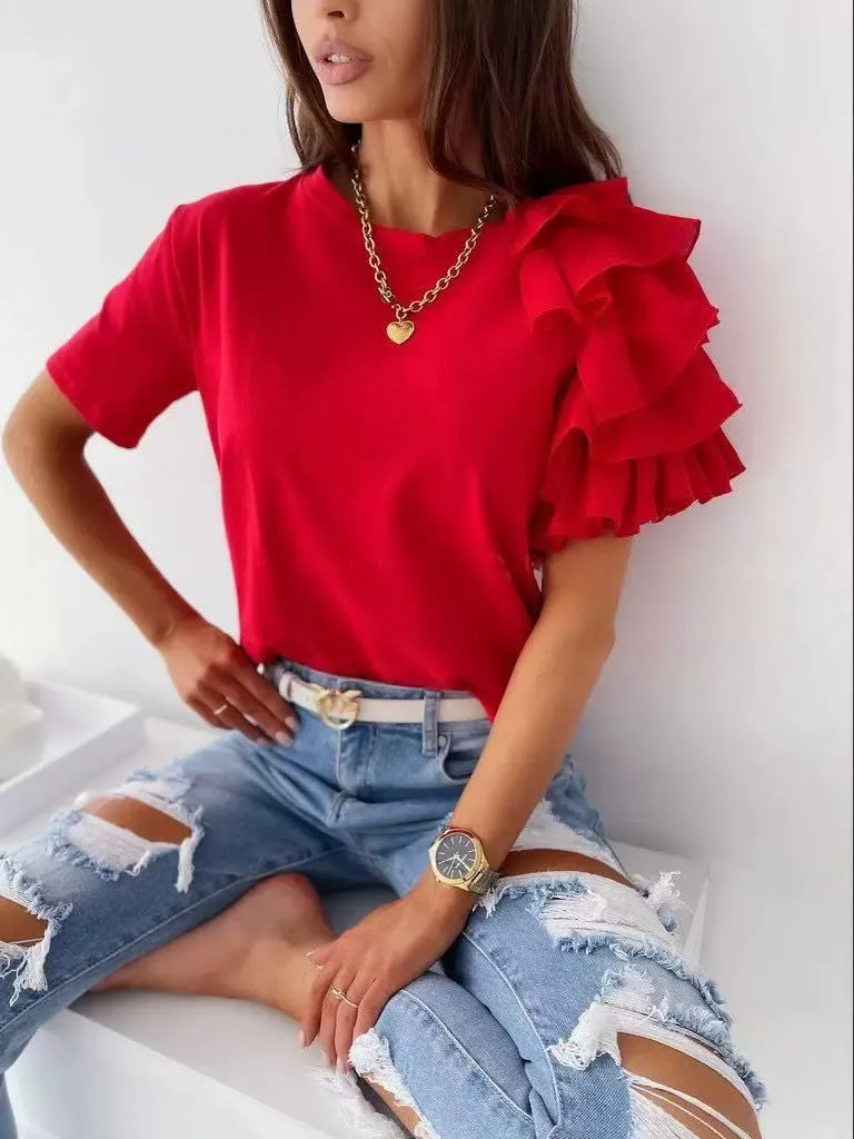 Women’s T-Shirt – Cotton Feel – Asymmetrical Ruffle Shoulder – Casual Fit – Short Sleeve